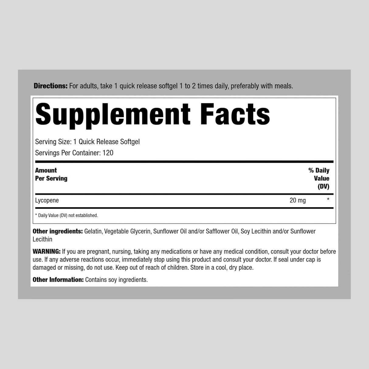 Suplemento de licopeno 20 mg 120 cáp Carotenoide sin gluten