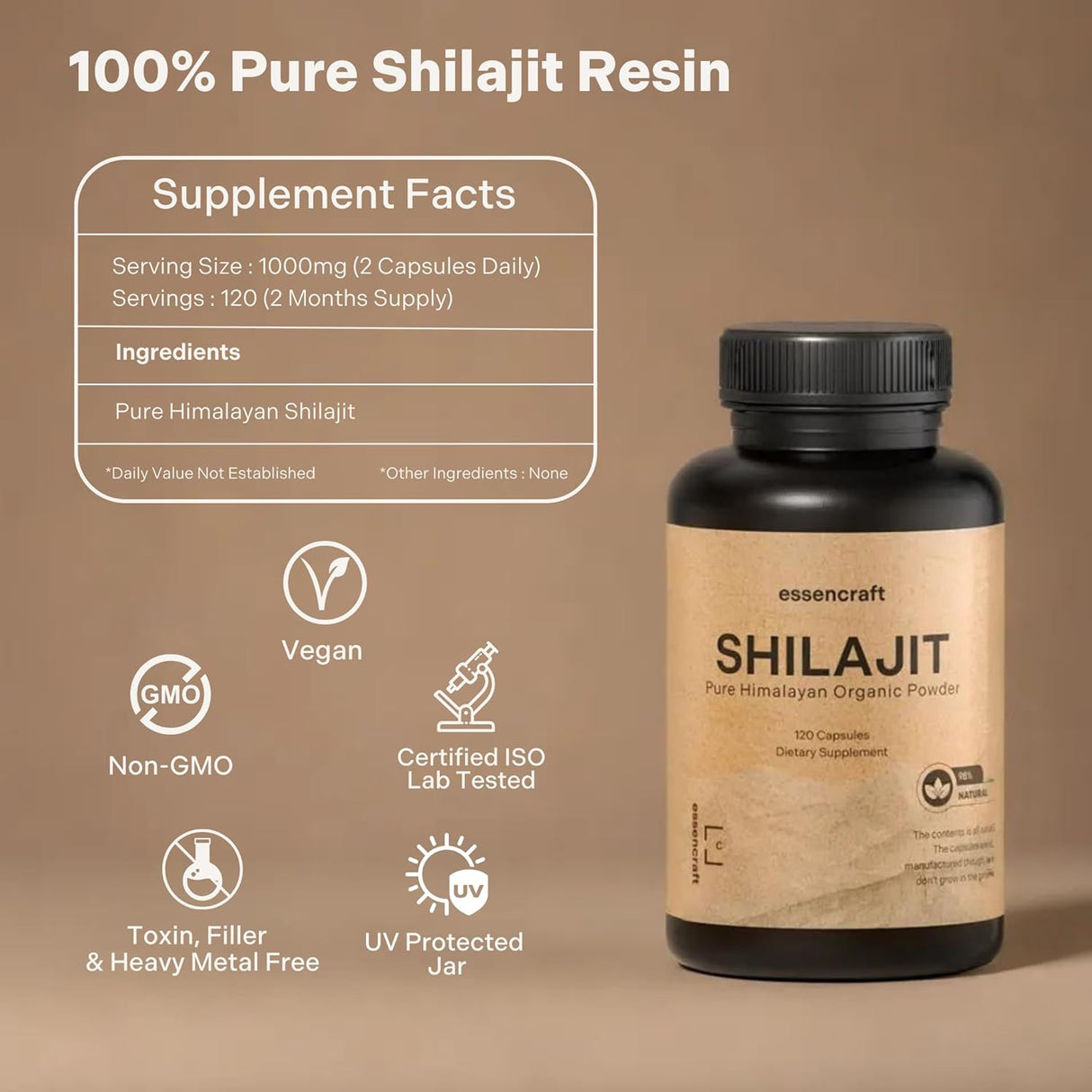 Shilajit Orgánico Puro 1000mg - 120 Cápsulas, Apoyo Inmuno
