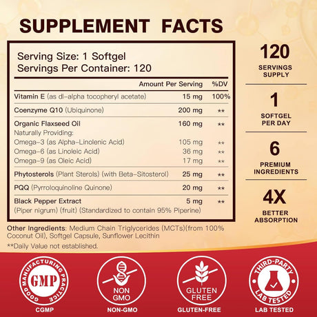 CoQ10 200mg con Vitamina E, Omega 3-6-9 y PQQ, 120 cápsulas