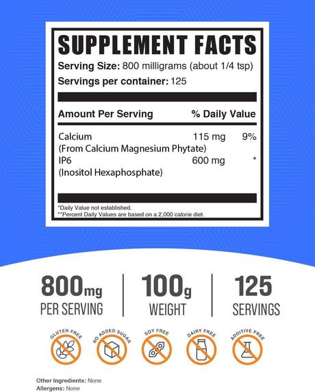 IP6 Polvo de BulkSupplements, Inositol Hexafosfato, 800mg 100g