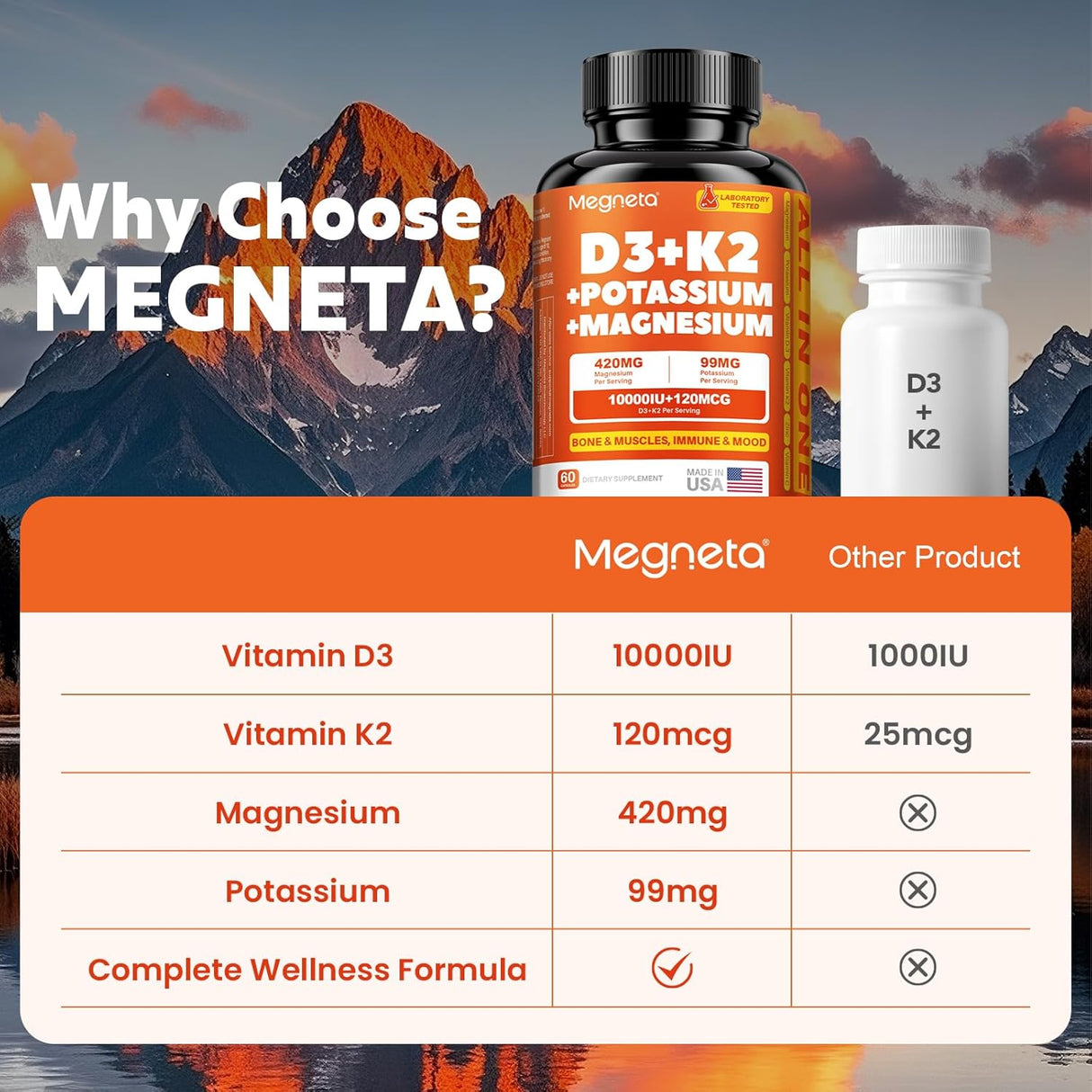Suplemento de Vitamina D3 K2 10,000 IU con Magnesio y Potasio, 60 cápsulas