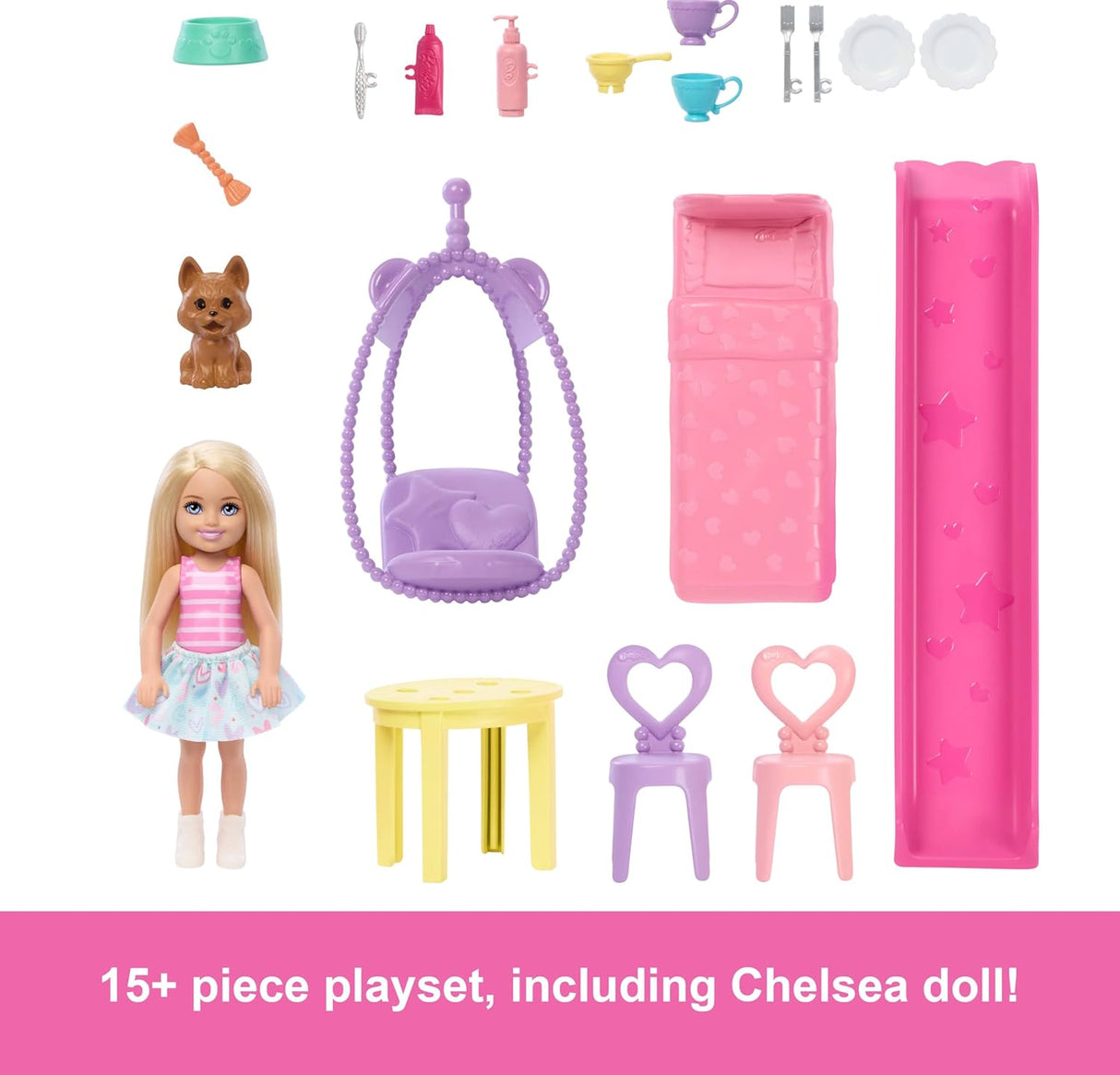 Casa de Muñecas Barbie Chelsea con 15+ accesorios, 5 áreas y tobogán