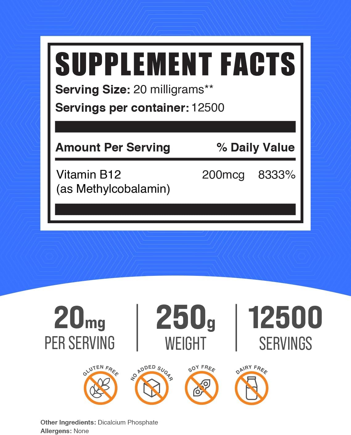 Suplemento B12 Methylcobalamin en polvo - BulkSupplements 250g