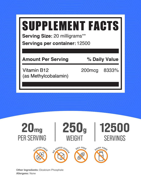 Suplemento B12 Methylcobalamin en polvo - BulkSupplements 250g
