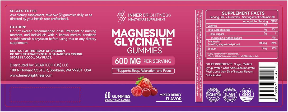 Gummies de Magnesio Glycinato 600mg Non-GMO Gluten-Free 60u