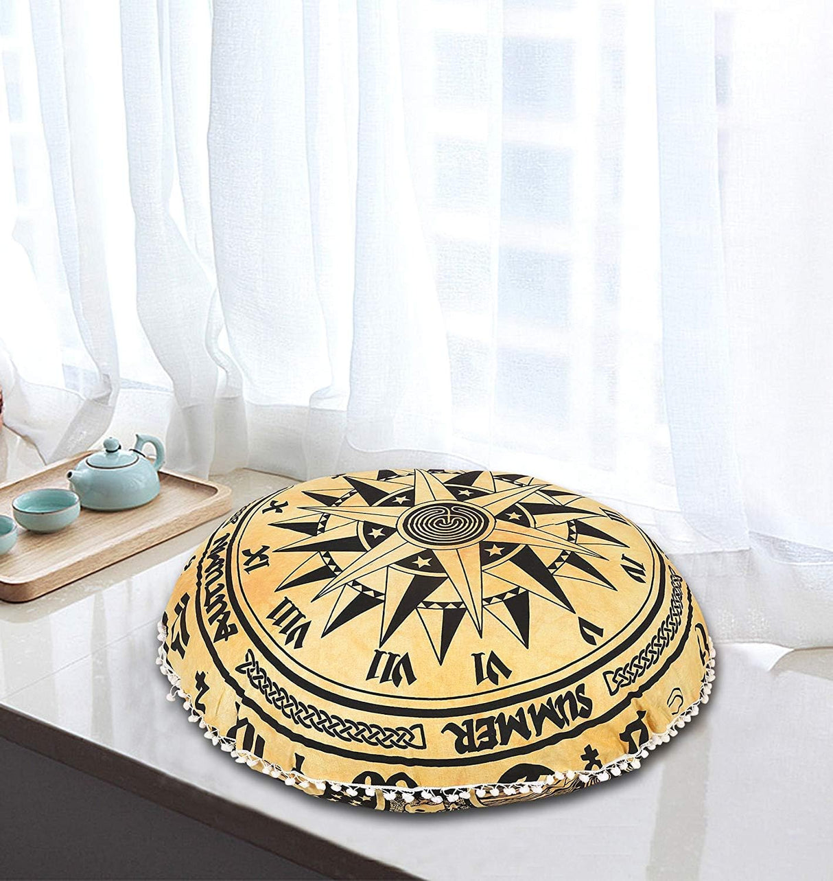 Funda bohemia para cojín, de 32 pulgadas, con diseño de mandala, para meditación, decorativa, otomana, grande, para exteriores, decoración del hogar, decoración de arte en el hogar, redonda, con pompones de algodón, cómoda