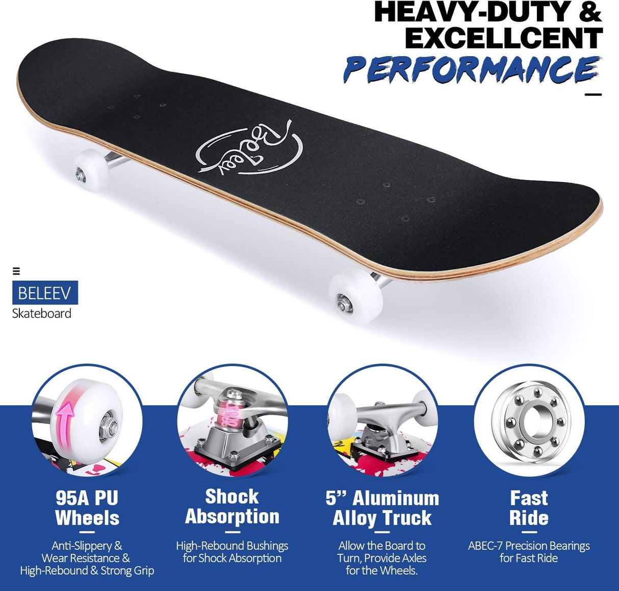 Patineta completa para principiantes, 31"x8", 7 capas, doble patada