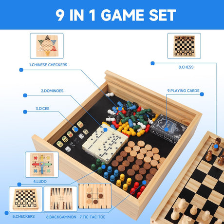 Juego de Mesa 9 en 1 GSE: Ajedrez, Damas, Ludo, Dominó, etc.
