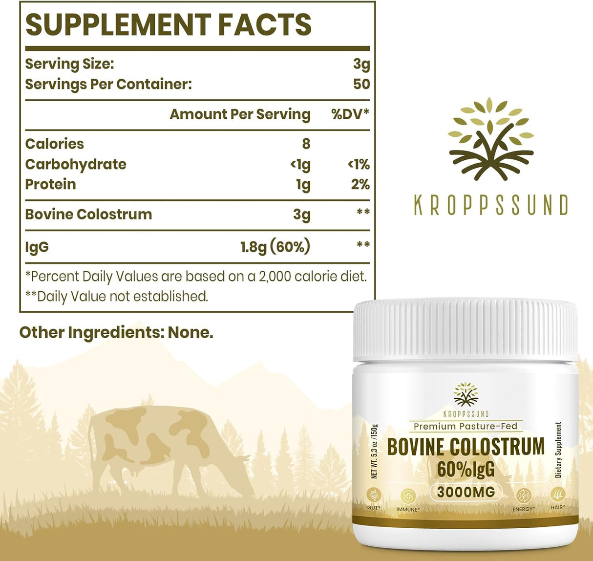 Suplemento de Calostro Bovino Kroppssund 3000 mg - 60% IgG