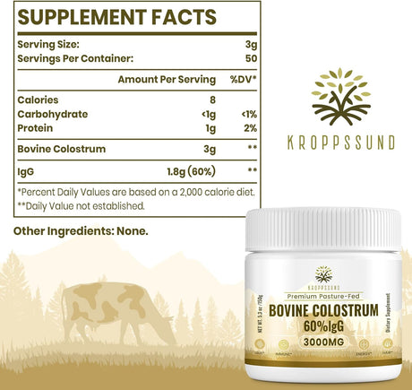Suplemento de Calostro Bovino Kroppssund 3000 mg - 60% IgG