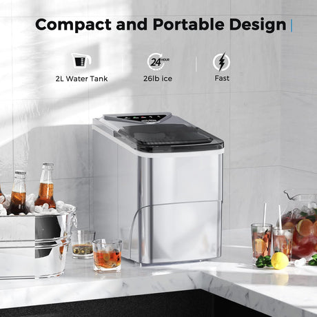 Máquina de Hielo Portátil, Autolimpiante, 26lbs/24h, Silver