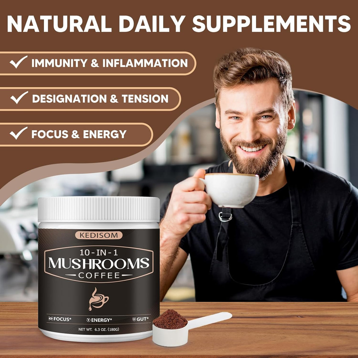 Café Instantáneo de Setas 10 en 1, Energía y Enfoque, 180g