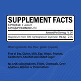 Magnesium Glycinato - Suplemento de 500mg, 240 cápsulas