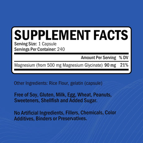 Magnesium Glycinato - Suplemento de 500mg, 240 cápsulas