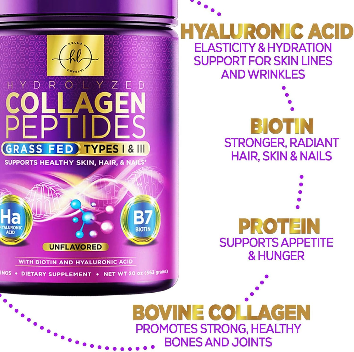 Polvo de péptidos de colágeno con ácido hialurónico y biotina