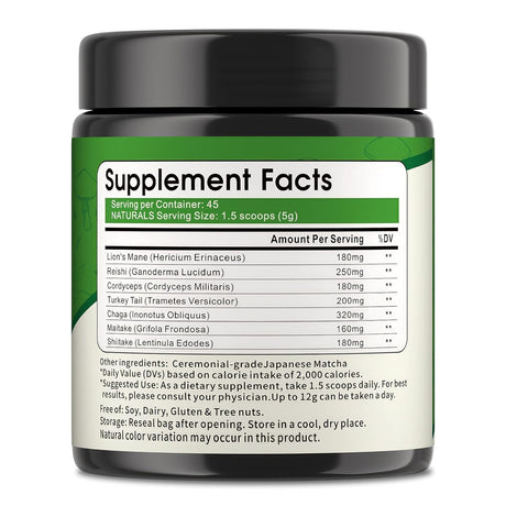 Polvo de Matcha con Hongos Superfood, 8 Oz, Sabor Delicioso