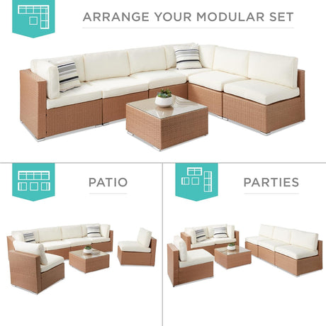 Best Choice Products Juego de sofá modular de mimbre modular de 7 piezas para exteriores con 6 sillas, 2 almohadas, clips de asiento, mesa auxiliar, funda incluida, natural/marfil