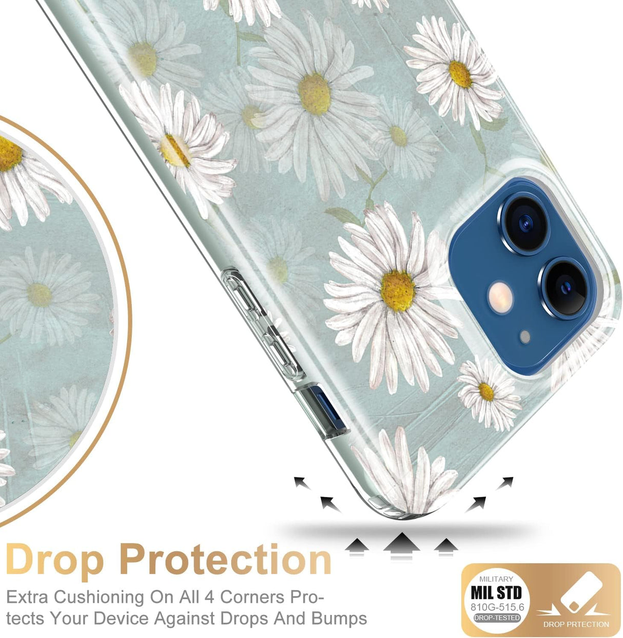 ESDOT Funda para iPhone 12, iPhone 12 Pro con protector de pantalla integrado, funda resistente con diseños de moda para mujeres y niñas, funda protectora para iPhone 12/12 Pro de 6.1 pulgadas, bonita margarita