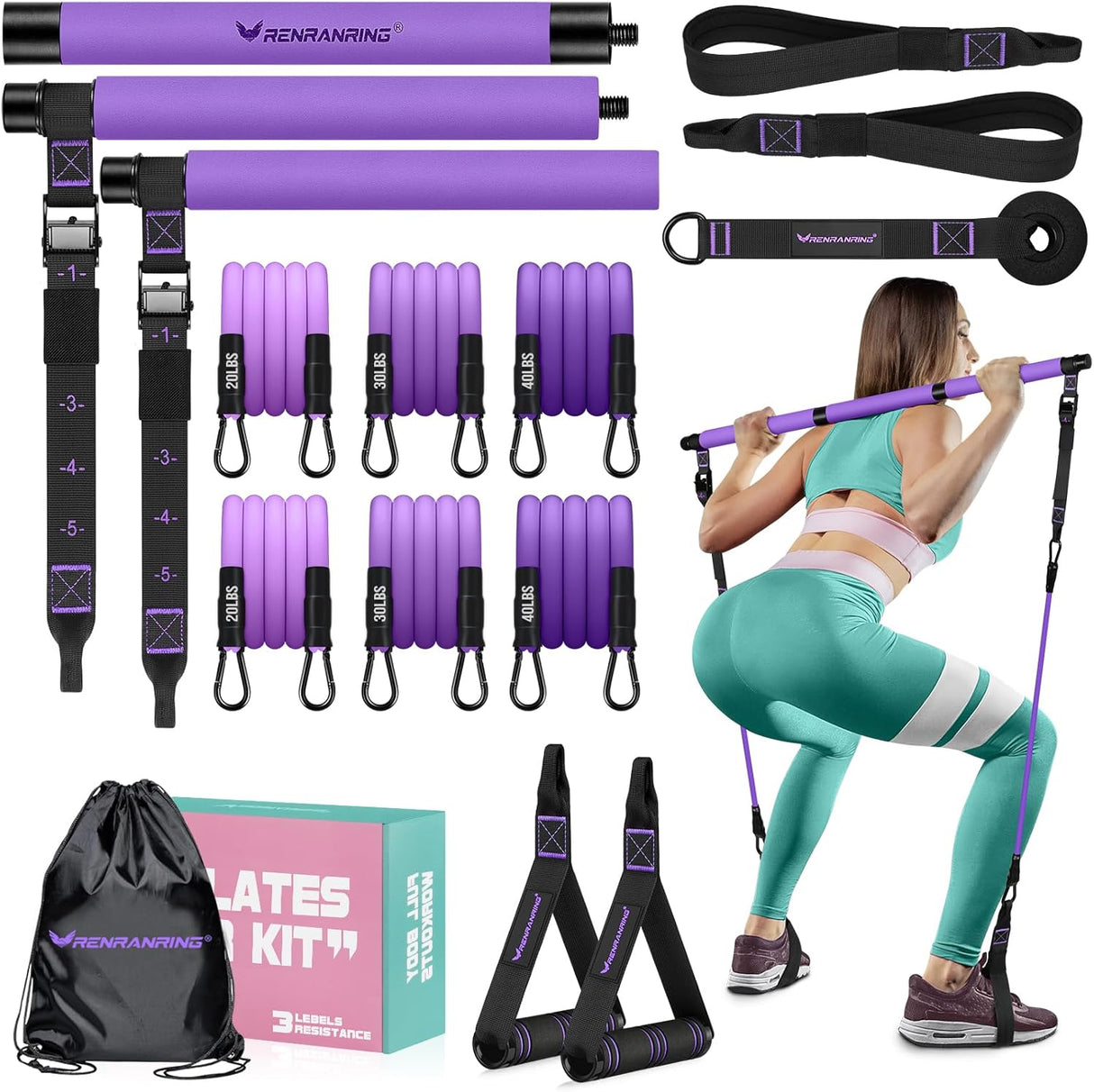 Barra de pilates con bandas de resistencia, multifuncional