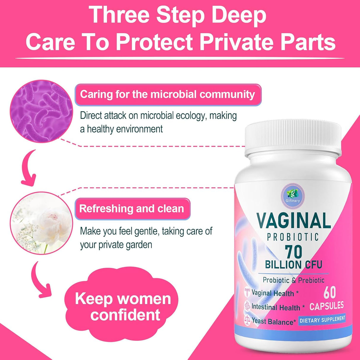 Probiótico vaginal mujer, 70B CFUs, equilibrio pH, prebiotico, D-Mannosa, 60 caps