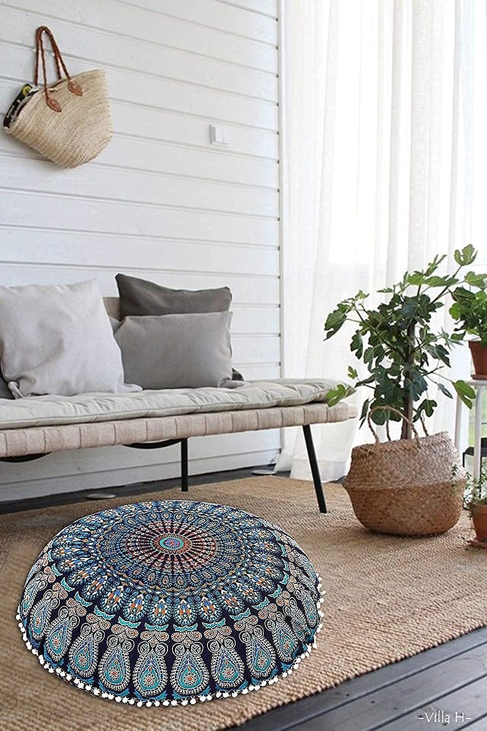 Funda bohemia para cojín, de 32 pulgadas, con diseño de mandala, para meditación, decorativa, otomana, grande, para exteriores, decoración del hogar, decoración de arte en el hogar, redonda, con pompones de algodón, cómoda