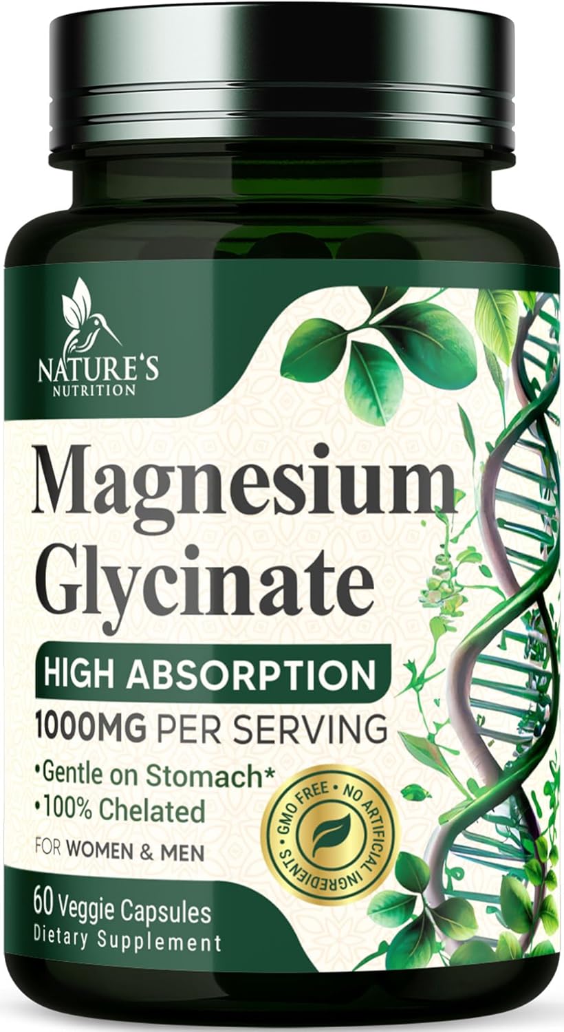 Magnesio Glicinato 1000mg, Apoyo para Huesos, Músculos, Nervios y Corazón, 60 Cápsulas