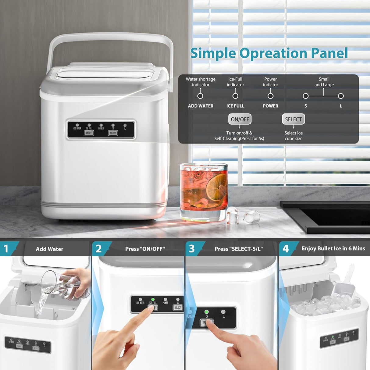 Máquina de Hielo Portátil Compacta, 9 Cubos en 6 Min, 26lbs/24Hrs