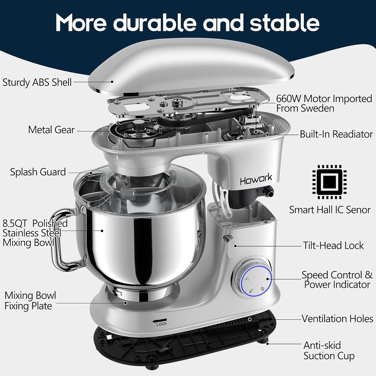 Mezcladora de Cocina HOWORK 8.5QT 660W 6+P Velocidades