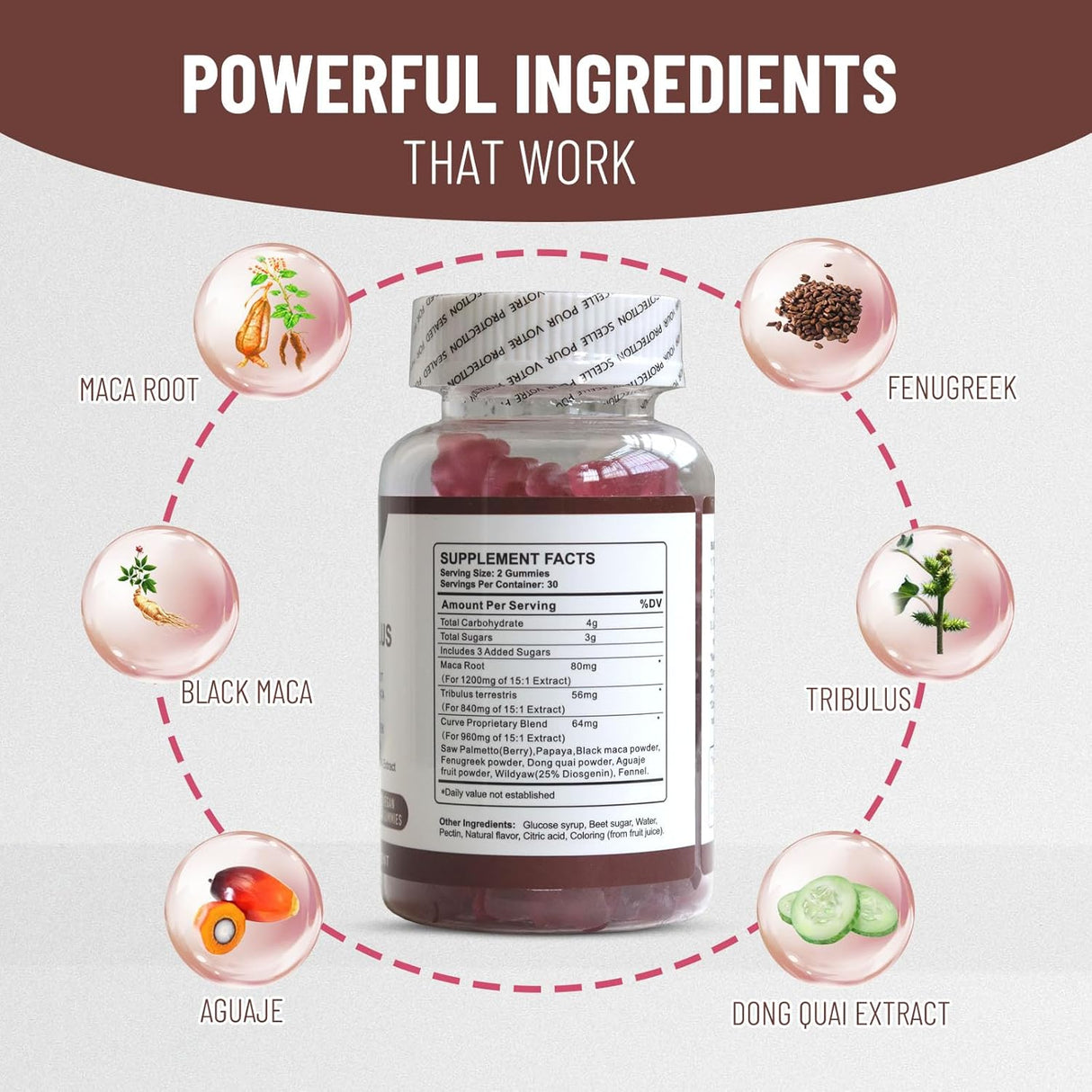 Maca Plus Gummies, 1500mg, Potenciador de glúteos, 60 unidades