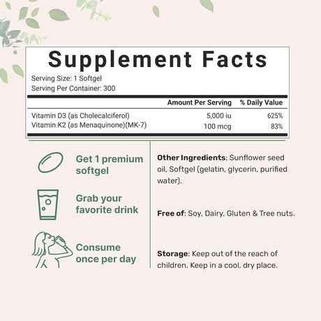 Suplementos Vitamina D3 5000IU Plus K2 300 capsula