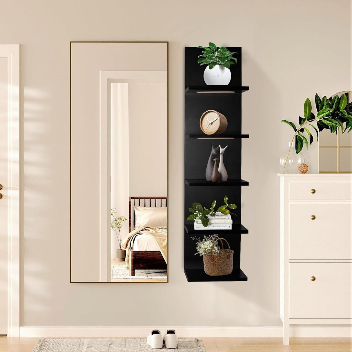 Estante Flotante de 5 Niveles con Luz LED, Diseño Vertical