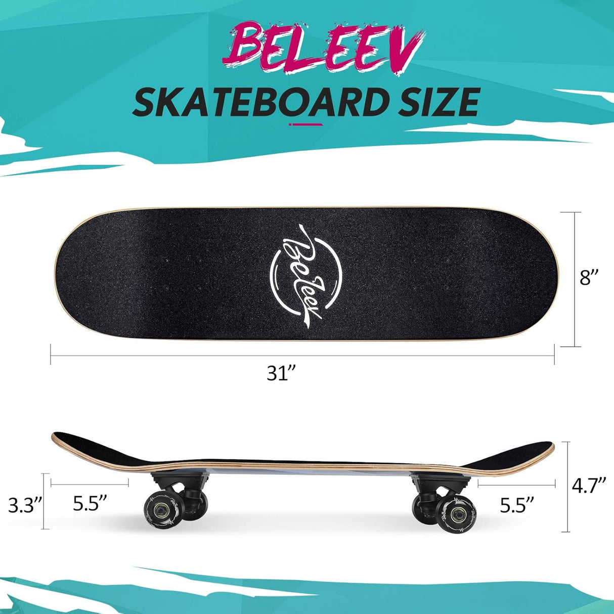 Patineta completa para principiantes, 31"x8", 7 capas, doble kick