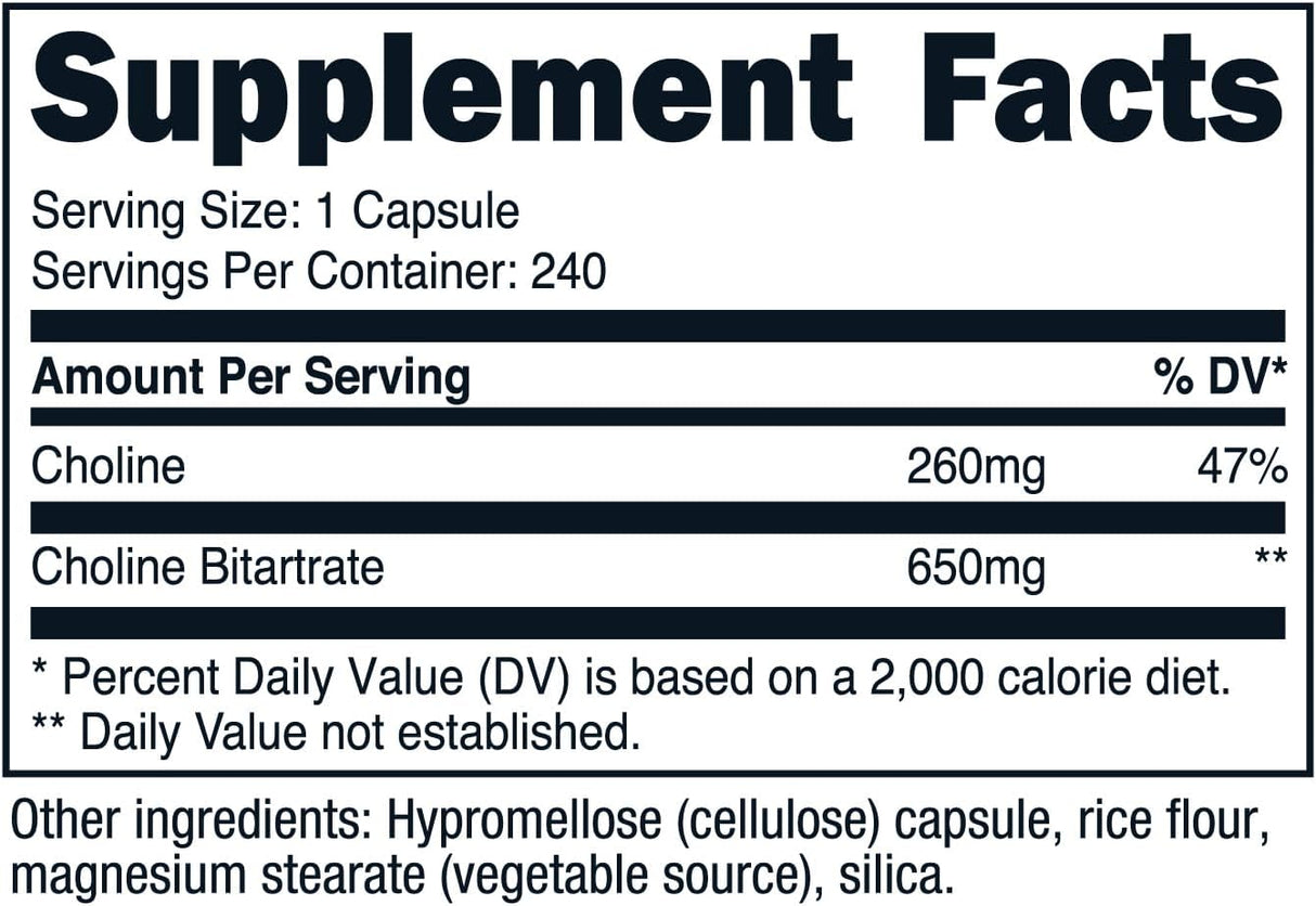 Nutricost Bitartrato de Colina 650mg, 240 cápsulas veganas