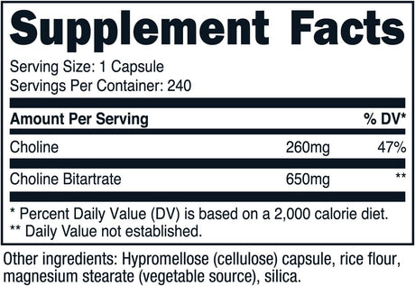 Nutricost Bitartrato de Colina 650mg, 240 cápsulas veganas