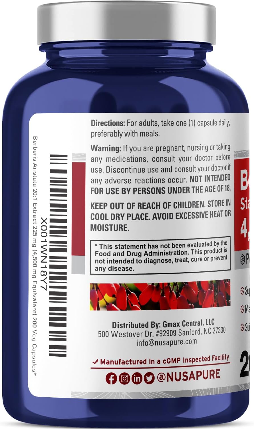 Berberina HCI 4500 mg - 200 cápsulas vegetales de 6 meses