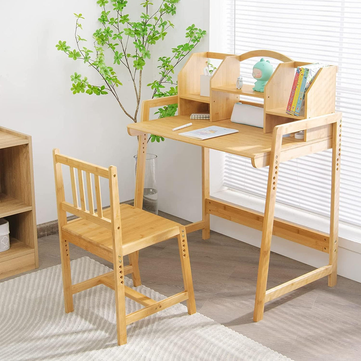 Juego de escritorio y silla para niños de altura de bambú
