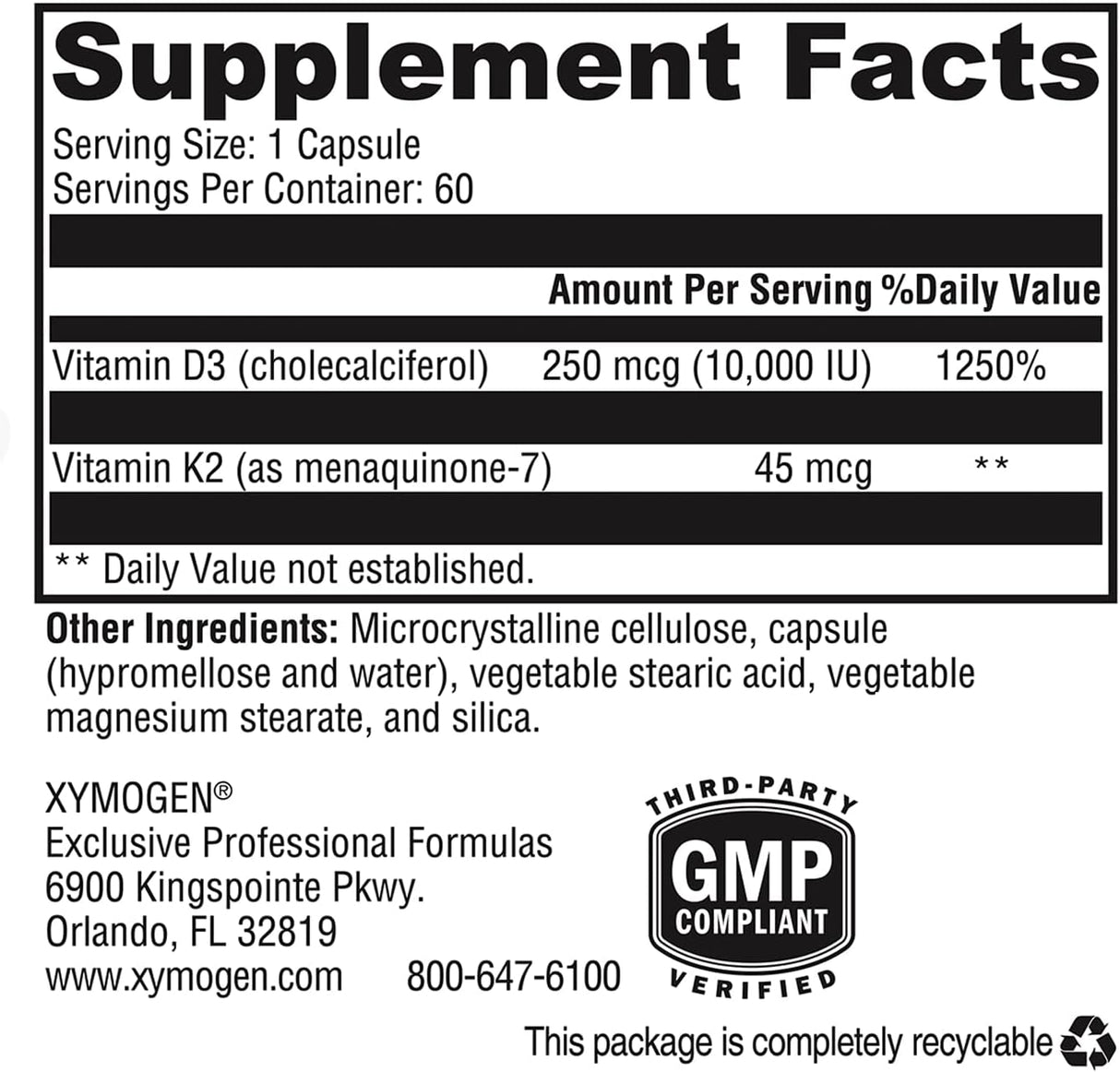 Suplemento K2-D3 10000 - XYMOGEN - Vitamina D3 y K2