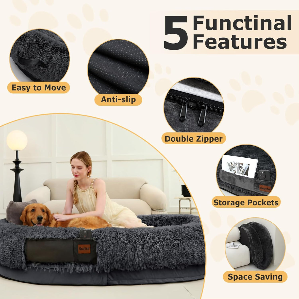 Cama para humanos SWITTE, tamaño grande, 71x47x13, lavable