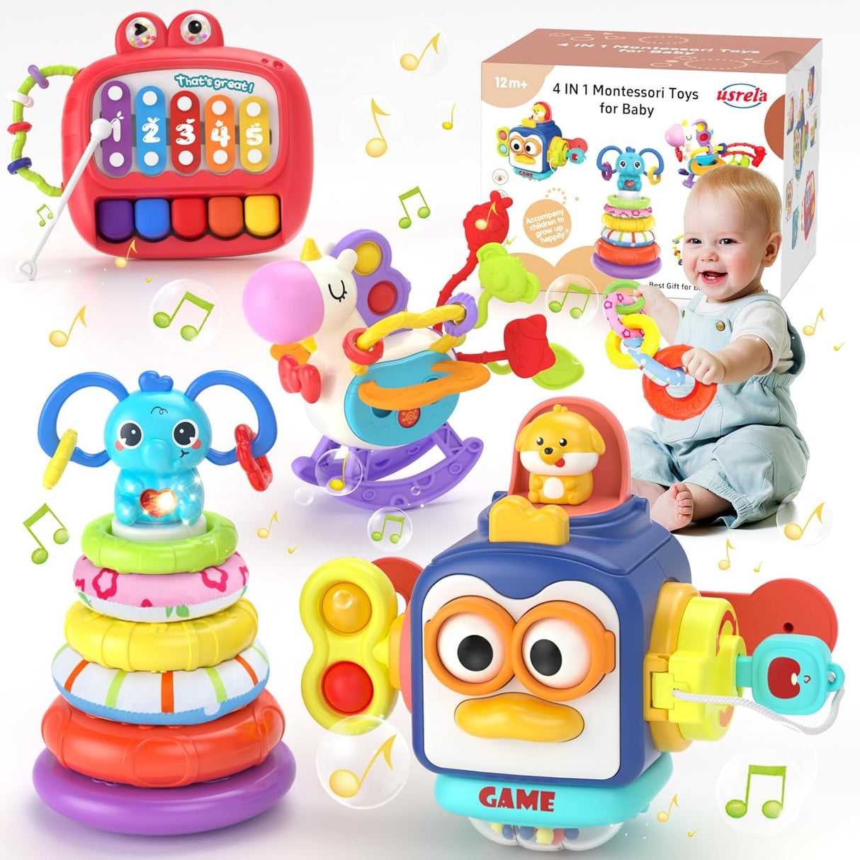 Juguete 4 en 1 para bebés, marca desconocida, piano y cubo.