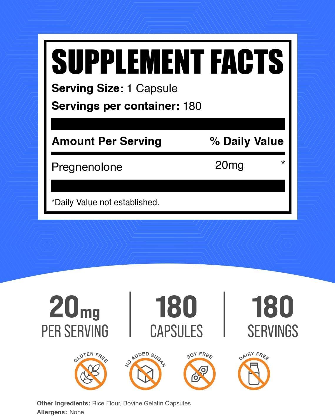 Cápsulas de Pregnenolona 20mg - BulkSupplements, 180 cápsulas