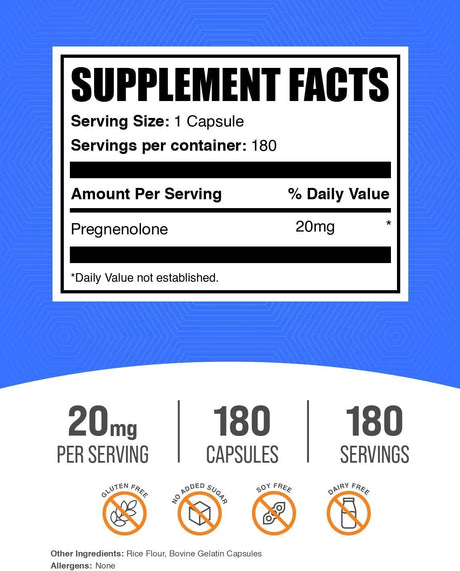 Cápsulas de Pregnenolona 20mg - BulkSupplements, 180 cápsulas