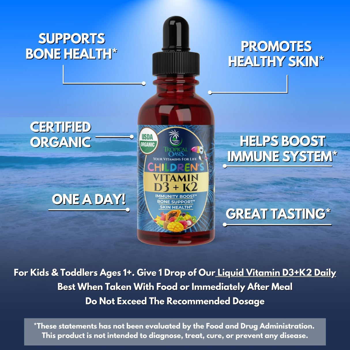 Vitamin D3 K2 Líquido USDA Orgánico | Suplemento para Niños | 2 Fl Oz