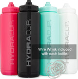Hydra Cup - Paquete de 4 botellas de agua exprimibles de 32 onzas, sin BPA, para deportes, ciclismo, bicicleta, hidratación rápida por chorro, batidor de alambre incluido