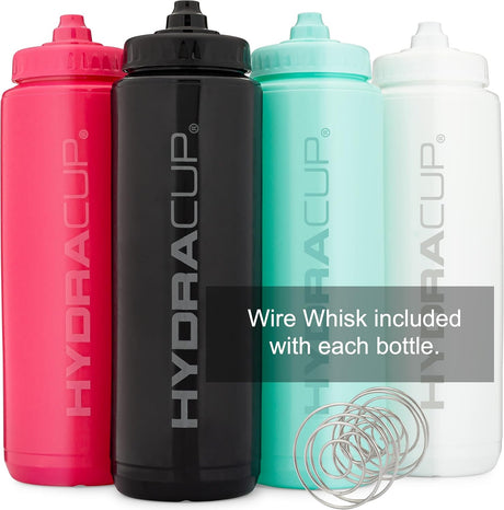 Hydra Cup - Paquete de 4 botellas de agua exprimibles de 32 onzas, sin BPA, para deportes, ciclismo, bicicleta, hidratación rápida por chorro, batidor de alambre incluido