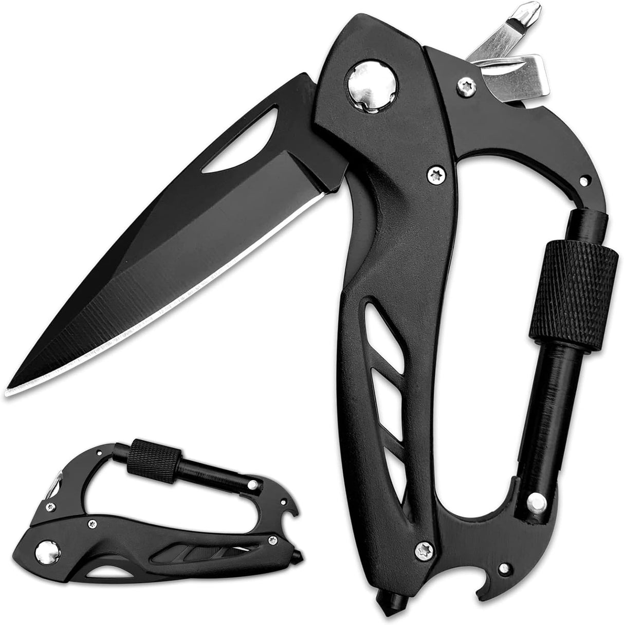 Mosquetón multiherramienta con cuchillo de bolsillo plegable