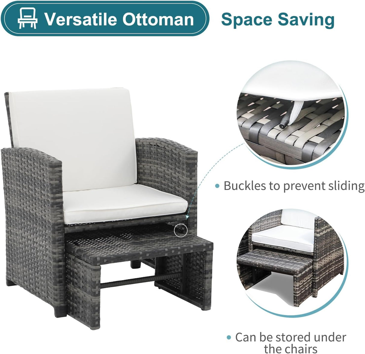 OC Orange-Casual Juego de muebles de patio de 6 piezas con otomana, juego de silla y mesa de mimbre gris para exteriores, muebles de balcón para apartamentos, color blanco