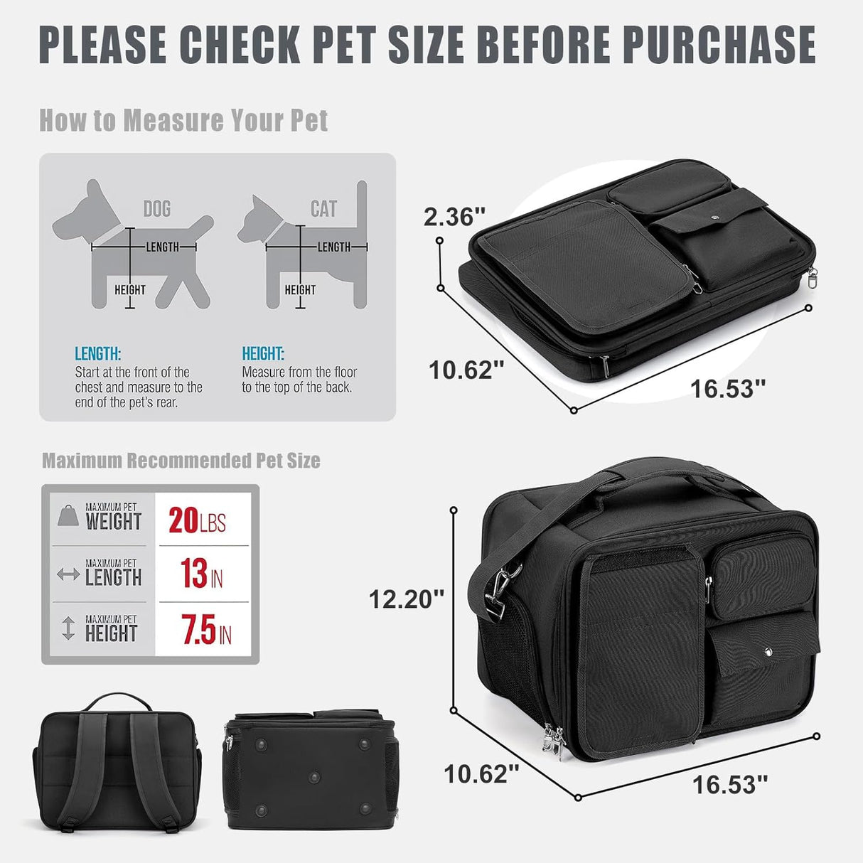 Transportín Suave Grande para Mascotas, Aprobado por Aerolíneas
