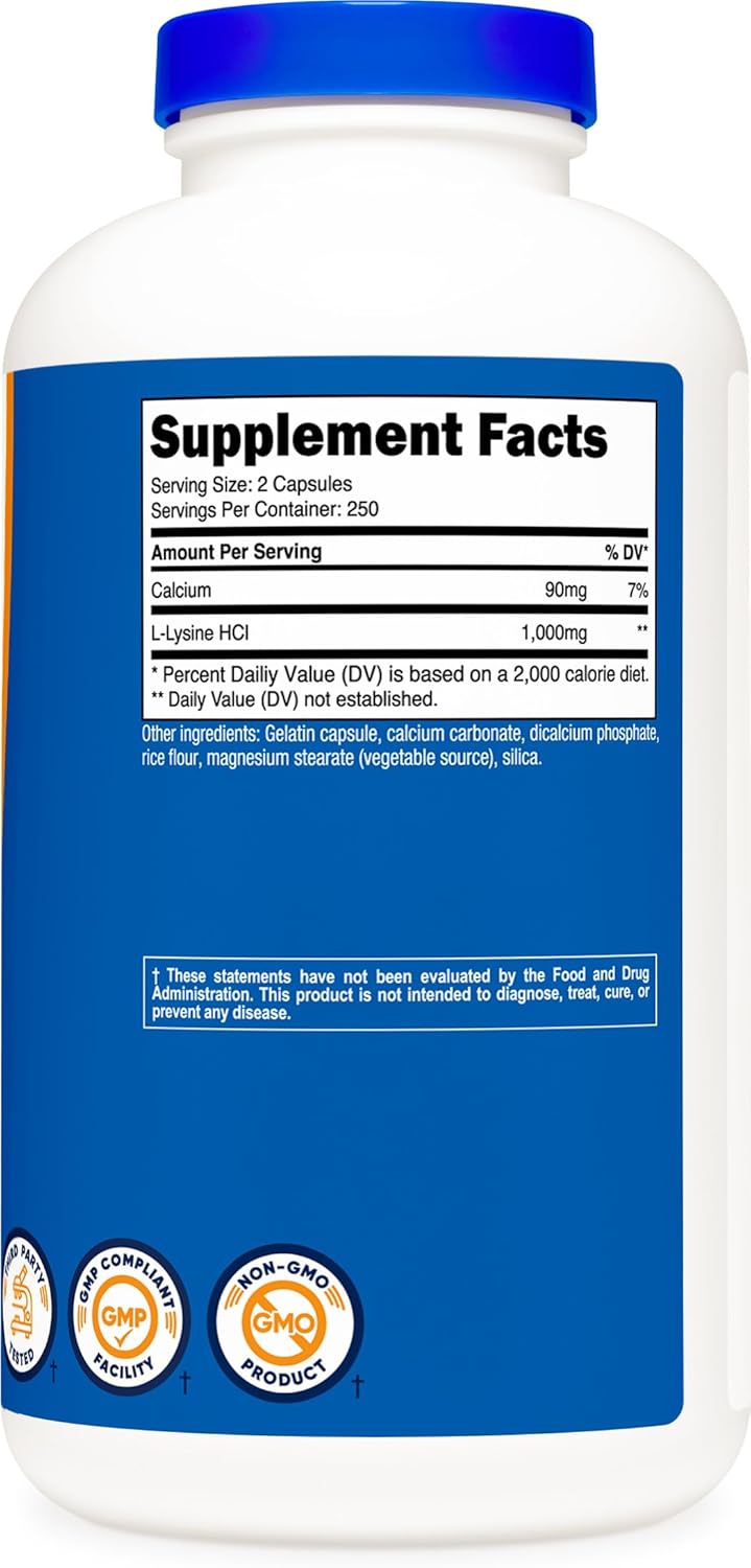 L-Lisina Nutricost 1000mg, 250 Cápsulas, Gluten Free, Non-GMO