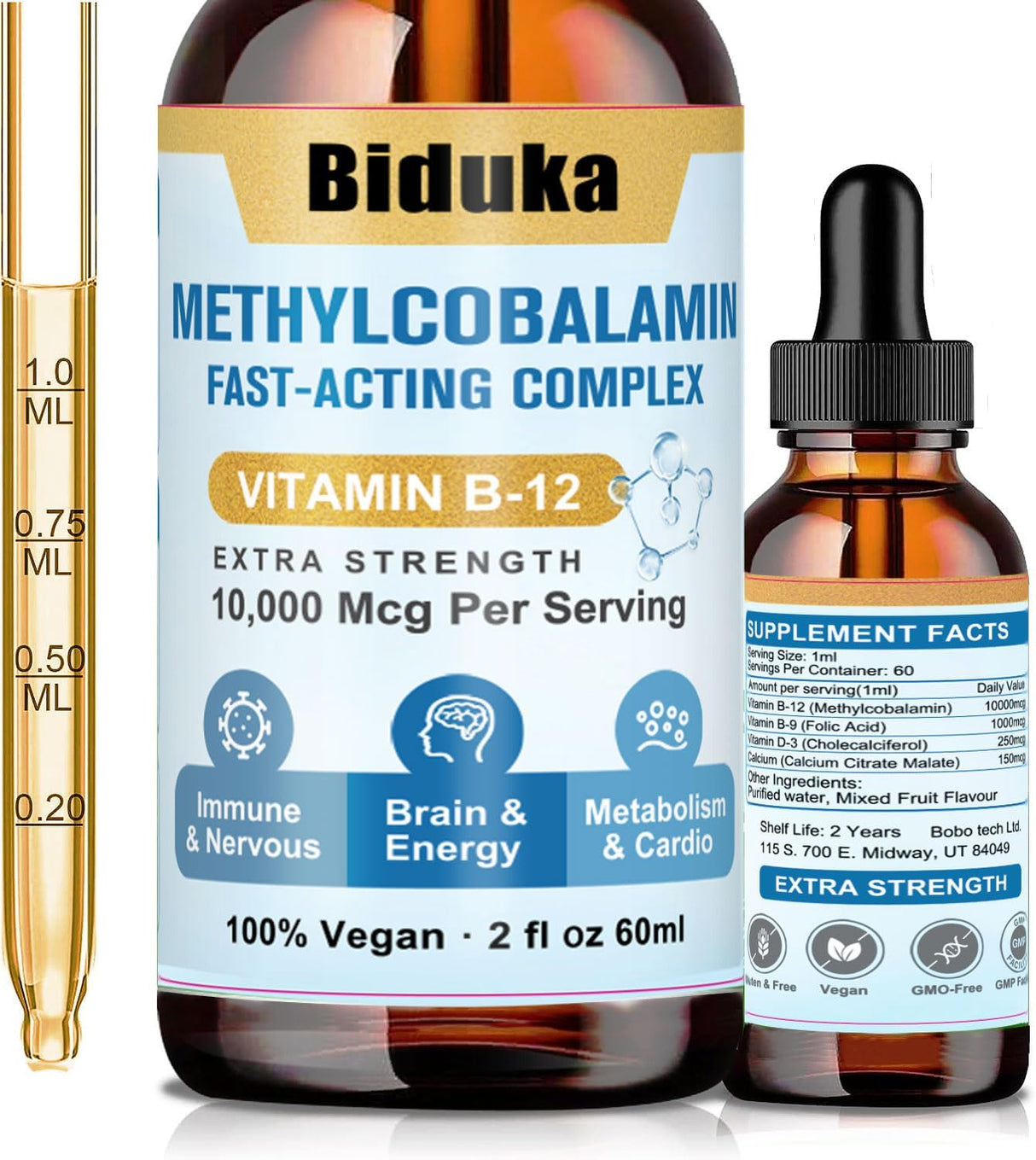 Vitamin B12 Líquido Sublingual 10,000mcg, D3, B9, Calcio, Vegano