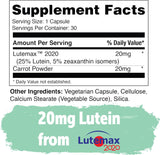 Suplemento de luteína zeaxantina, luteína 20 mg, vitamina para la salud de los ojos, para ojos secos, fatiga, luteax2020, suplementos oculares - 30 cápsulas veganas